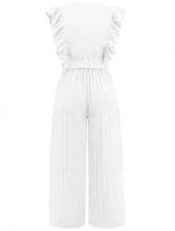 Hot Women's Normal Jumpsuit Elegant Solid Color Sleeveless V Neck Ruffle High Waist Street Daily Regular Fit Black White Blue Summer Women Jumpsuits