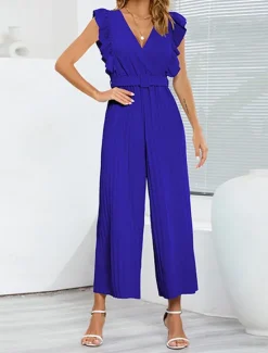 Hot Women's Normal Jumpsuit Elegant Solid Color Sleeveless V Neck Ruffle High Waist Street Daily Regular Fit Black White Blue Summer Women Jumpsuits