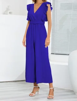 Hot Women's Normal Jumpsuit Elegant Solid Color Sleeveless V Neck Ruffle High Waist Street Daily Regular Fit Black White Blue Summer Women Jumpsuits