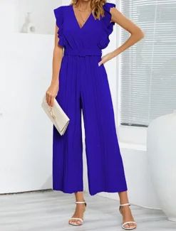 Hot Women's Normal Jumpsuit Elegant Solid Color Sleeveless V Neck Ruffle High Waist Street Daily Regular Fit Black White Blue Summer Women Jumpsuits