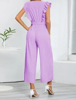Hot Women's Normal Jumpsuit Elegant Solid Color Sleeveless V Neck Ruffle High Waist Street Daily Regular Fit Black White Blue Summer Women Jumpsuits