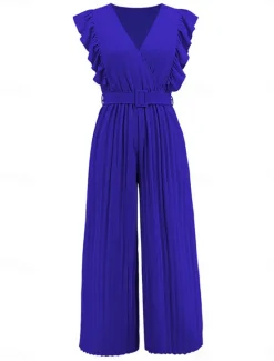 Hot Women's Normal Jumpsuit Elegant Solid Color Sleeveless V Neck Ruffle High Waist Street Daily Regular Fit Black White Blue Summer Women Jumpsuits