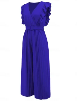 Hot Women's Normal Jumpsuit Elegant Solid Color Sleeveless V Neck Ruffle High Waist Street Daily Regular Fit Black White Blue Summer Women Jumpsuits