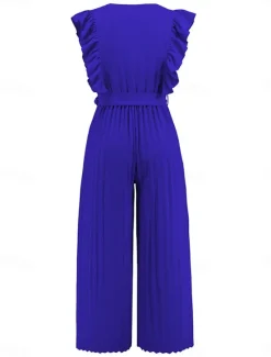 Hot Women's Normal Jumpsuit Elegant Solid Color Sleeveless V Neck Ruffle High Waist Street Daily Regular Fit Black White Blue Summer Women Jumpsuits
