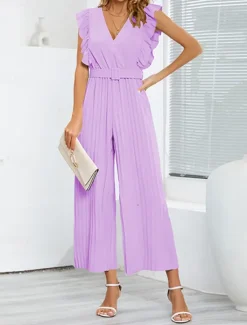 Hot Women's Normal Jumpsuit Elegant Solid Color Sleeveless V Neck Ruffle High Waist Street Daily Regular Fit Black White Blue Summer Women Jumpsuits