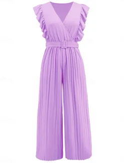Hot Women's Normal Jumpsuit Elegant Solid Color Sleeveless V Neck Ruffle High Waist Street Daily Regular Fit Black White Blue Summer Women Jumpsuits