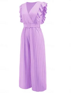 Hot Women's Normal Jumpsuit Elegant Solid Color Sleeveless V Neck Ruffle High Waist Street Daily Regular Fit Black White Blue Summer Women Jumpsuits