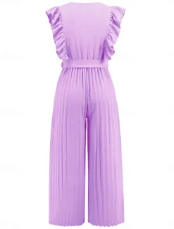 Hot Women's Normal Jumpsuit Elegant Solid Color Sleeveless V Neck Ruffle High Waist Street Daily Regular Fit Black White Blue Summer Women Jumpsuits