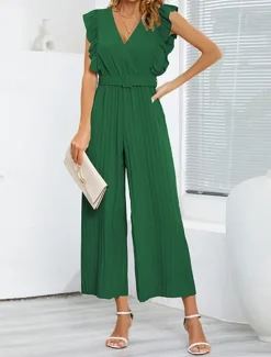 Hot Women's Normal Jumpsuit Elegant Solid Color Sleeveless V Neck Ruffle High Waist Street Daily Regular Fit Black White Blue Summer Women Jumpsuits
