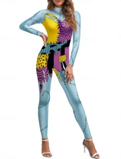 Women's Normal Jumpsuit Holiday Graphic Long Sleeve Turtleneck High Waist Print Party Halloween Regular Fit Black Blue Light Blue Summer Women Jumpsuits|Graphic Jumpsuit