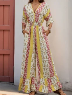New Women's Normal Jumpsuit Holiday Floral 3/4 Length Sleeve V Neck High Waist Vacation Daily Regular Fit Summer Women Jumpsuits