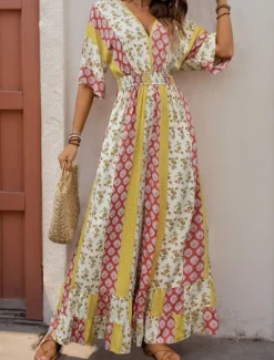 New Women's Normal Jumpsuit Holiday Floral 3/4 Length Sleeve V Neck High Waist Vacation Daily Regular Fit Summer Women Jumpsuits