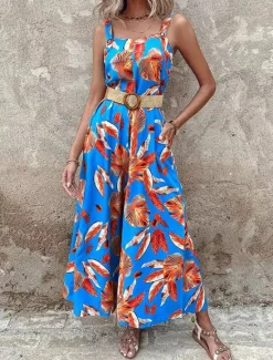 Outlet Women's Normal Jumpsuit Holiday Floral Sleeveless V Neck Backless Pocket Street Daily Regular Fit Summer Women Jumpsuits