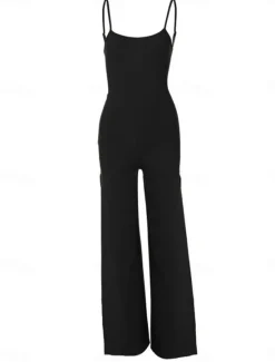 Discount Women's Normal Jumpsuit Streetwear Solid Color Sleeveless U Neck Split High Waist Party Street Regular Fit Black White Brown Summer Women Jumpsuits