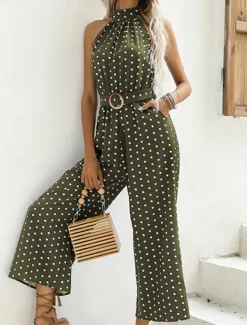 Clearance Women's Normal Jumpsuit Streetwear Polka Dot Sleeveless Halter Neck Pocket High Waist Street Daily Regular Fit Black Green Summer Women Jumpsuits