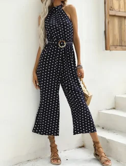 Clearance Women's Normal Jumpsuit Streetwear Polka Dot Sleeveless Halter Neck Pocket High Waist Street Daily Regular Fit Black Green Summer Women Jumpsuits