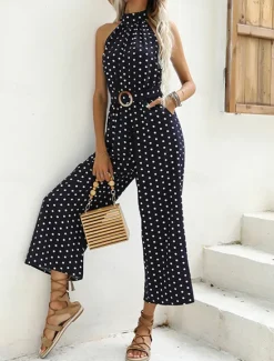 Clearance Women's Normal Jumpsuit Streetwear Polka Dot Sleeveless Halter Neck Pocket High Waist Street Daily Regular Fit Black Green Summer Women Jumpsuits