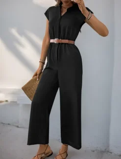 Sale Women's Normal Jumpsuit Streetwear Solid Color Short Sleeve V Neck Buttons High Waist Vacation Office Regular Fit Summer Women Jumpsuits