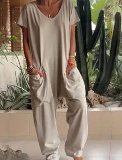 Clearance Women's Normal Jumpsuit Streetwear Solid Color Short Sleeve V Neck Pocket Street Daily Regular Fit White Yellow Fuchsia Summer Women Jumpsuits