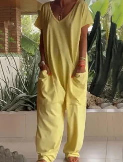 Clearance Women's Normal Jumpsuit Streetwear Solid Color Short Sleeve V Neck Pocket Street Daily Regular Fit White Yellow Fuchsia Summer Women Jumpsuits