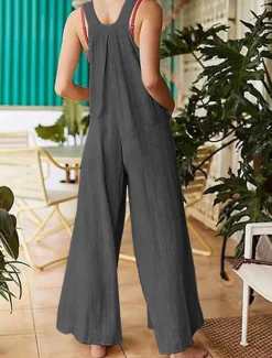 New Women's Normal Jumpsuit Streetwear Solid Color Sleeveless Sleeveless Square Neck Buttons Pocket Street Daily Regular Fit Red Khaki Gray Summer Women Jumpsuits|Sets