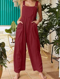 New Women's Normal Jumpsuit Streetwear Solid Color Sleeveless Sleeveless Square Neck Buttons Pocket Street Daily Regular Fit Red Khaki Gray Summer Women Jumpsuits|Sets