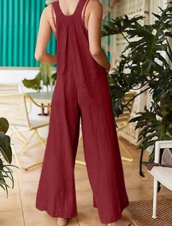 New Women's Normal Jumpsuit Streetwear Solid Color Sleeveless Sleeveless Square Neck Buttons Pocket Street Daily Regular Fit Red Khaki Gray Summer Women Jumpsuits|Sets