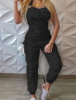 Clearance Women's Normal Jumpsuit Streetwear Solid Color Sleeveless U Neck Pocket Street Daily Regular Fit Black Pink Green Summer Women Jumpsuits