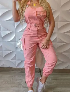 Clearance Women's Normal Jumpsuit Streetwear Solid Color Sleeveless U Neck Pocket Street Daily Regular Fit Black Pink Green Summer Women Jumpsuits