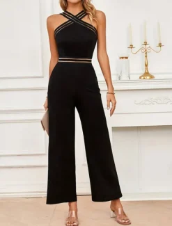 Discount Women's Normal Jumpsuit Streetwear Solid Color Sleeveless Halter Neck Mesh Backless Street Business Regular Fit Summer Women Jumpsuits