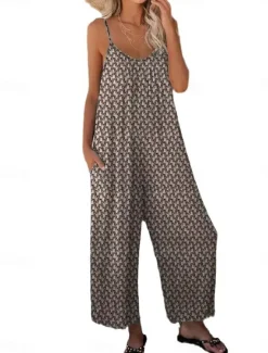 Women's Normal Jumpsuit Streetwear Floral Sleeveless U Neck Print Street Daily Regular Fit Khaki Gray Summer Women Jumpsuits