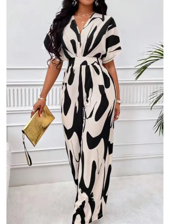 Discount Women's Normal Jumpsuit Streetwear Geometric Half Sleeve Batwing Sleeve V Neck Print Street Daily Loose Fit Brown Green Apricot Summer Women Jumpsuits