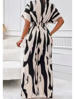 Discount Women's Normal Jumpsuit Streetwear Geometric Half Sleeve Batwing Sleeve V Neck Print Street Daily Loose Fit Brown Green Apricot Summer Women Jumpsuits