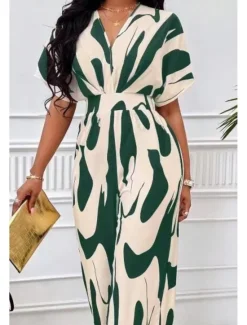 Discount Women's Normal Jumpsuit Streetwear Geometric Half Sleeve Batwing Sleeve V Neck Print Street Daily Loose Fit Brown Green Apricot Summer Women Jumpsuits