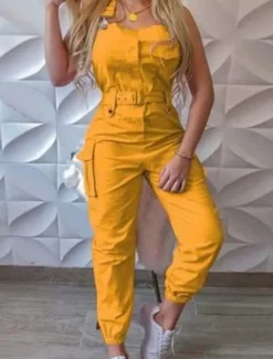 Women's Normal Jumpsuit Streetwear Solid Color Sleeveless V Neck Pocket High Waist Vacation Street Regular Fit Black Yellow Pink Fall Women Jumpsuits