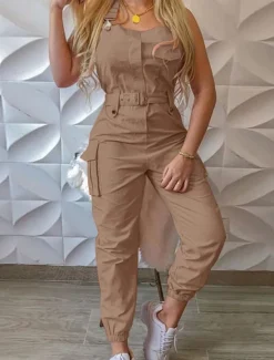 Women's Normal Jumpsuit Streetwear Solid Color Sleeveless V Neck Pocket High Waist Vacation Street Regular Fit Black Yellow Pink Fall Women Jumpsuits