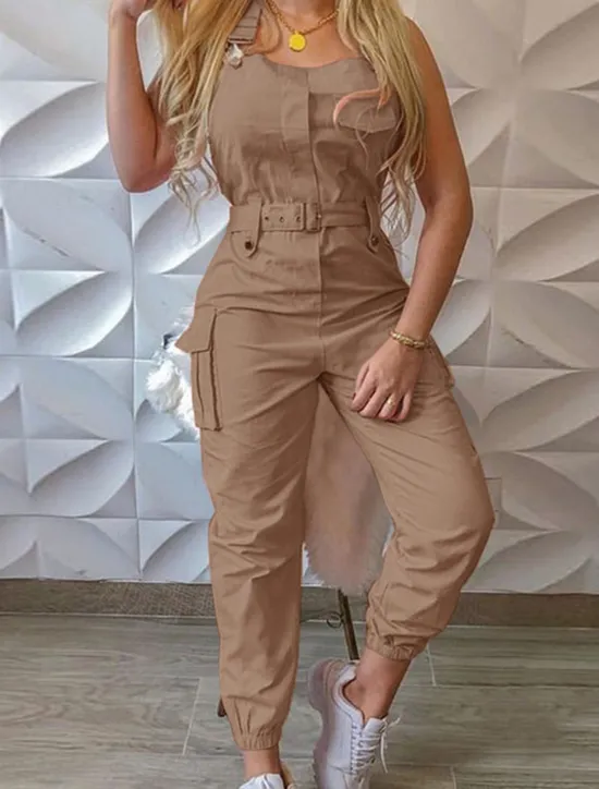 Women's Normal Jumpsuit Streetwear Solid Color Sleeveless V Neck Pocket High Waist Vacation Street Regular Fit Black Yellow Pink Fall Women Jumpsuits