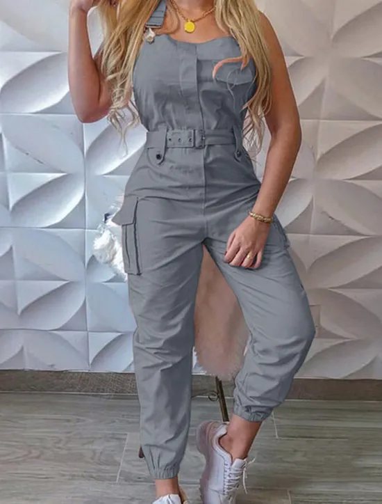 Women's Normal Jumpsuit Streetwear Solid Color Sleeveless V Neck Pocket High Waist Vacation Street Regular Fit Black Yellow Pink Fall Women Jumpsuits