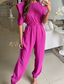 Women's Normal Jumpsuit Streetwear Solid Color Short Sleeve Crew Neck High Waist Street Daily Regular Fit Yellow Fuchsia Green Summer Women Jumpsuits