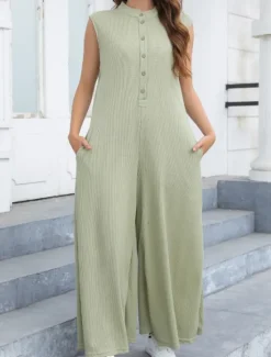 Online Women's Normal Jumpsuit Streetwear Solid Color Sleeveless V Neck Buttons Street Going out Regular Fit Black White Light Green Summer Women Jumpsuits