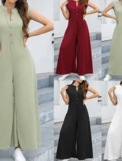 Online Women's Normal Jumpsuit Streetwear Solid Color Sleeveless V Neck Buttons Street Going out Regular Fit Black White Light Green Summer Women Jumpsuits