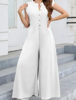 Online Women's Normal Jumpsuit Streetwear Solid Color Sleeveless V Neck Buttons Street Going out Regular Fit Black White Light Green Summer Women Jumpsuits