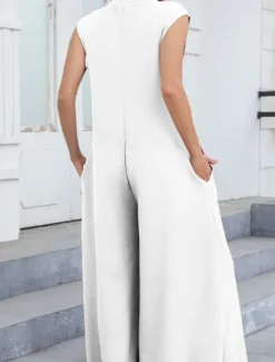 Online Women's Normal Jumpsuit Streetwear Solid Color Sleeveless V Neck Buttons Street Going out Regular Fit Black White Light Green Summer Women Jumpsuits