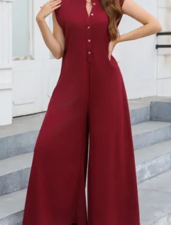 Online Women's Normal Jumpsuit Streetwear Solid Color Sleeveless V Neck Buttons Street Going out Regular Fit Black White Light Green Summer Women Jumpsuits