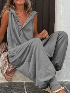 Women's Normal Jumpsuit Streetwear Solid Color Sleeveless V Neck Buttons Street Daily Regular Fit Wine Army Green Green Summer Women Jumpsuits