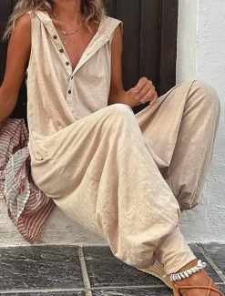 Women's Normal Jumpsuit Streetwear Solid Color Sleeveless V Neck Buttons Street Daily Regular Fit Wine Army Green Green Summer Women Jumpsuits