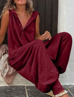 Women's Normal Jumpsuit Streetwear Solid Color Sleeveless V Neck Buttons Street Daily Regular Fit Wine Army Green Green Summer Women Jumpsuits