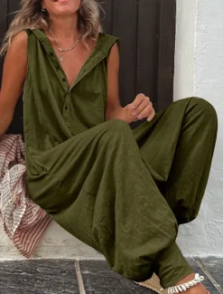 Women's Normal Jumpsuit Streetwear Solid Color Sleeveless V Neck Buttons Street Daily Regular Fit Wine Army Green Green Summer Women Jumpsuits