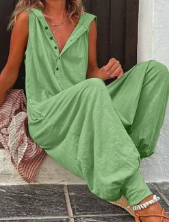 Women's Normal Jumpsuit Streetwear Solid Color Sleeveless V Neck Buttons Street Daily Regular Fit Wine Army Green Green Summer Women Jumpsuits