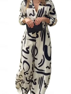 Outlet Women's Normal Jumpsuit Stylish Geometric Long Sleeve Shirt Collar Belted Vacation Party Loose Fit Spring Women Jumpsuits